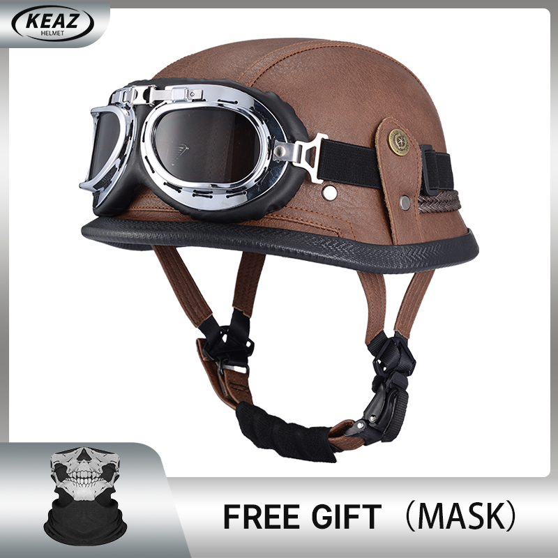 Casque demi-visage en cuir de Style allemand pour moto, prix d'usine, Cap1/2 approuvé par le DOT, casques + lunettes à visage ouvert: Argent / M