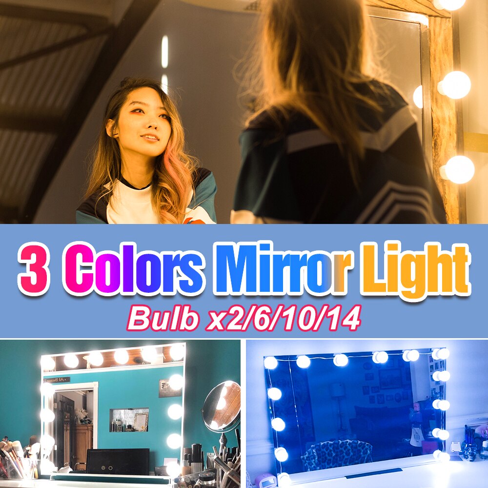 3 Colors LED Dressing Table Wall Lamp USB Hollywood Makeup Mirror Light 12V Bathroom Vanity Toiletries Lighting Bulb Kit 6 10 14