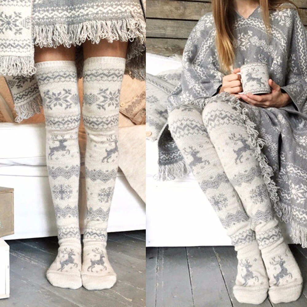 Winter Warm 1 Pair Women Girls Christmas Print Long Stockings Thicken Thigh High Over Knee Socks Sport Socks S10 SE7