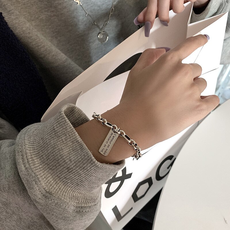 925 Sterling Silver Square Alphabet Bracelet for Women Men Thai Silver Chain Bracelet Vintage Jewelry S-B182