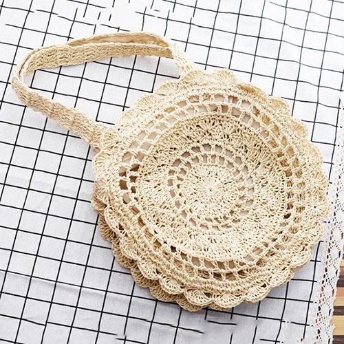 Sac à main en rotin tissé à la main pour femmes, sac en paille fait-main ajouré en forme de cercle, grande capacité, été, voyage, plage, décontracté: beige