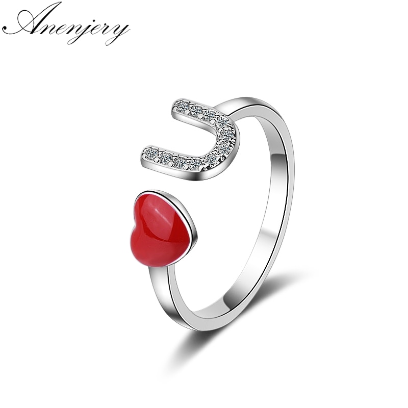 Anenjery Mode Rood Hart Dazzling Micro Cz U Brief Ring Voor Vrouwen Engagement Verstelbare Ring Anillos S-R250
