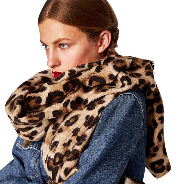 Efterår vinter leopard print kashmir varm tykkere tørklæde sjal kvinder lang uld sjal bløde lange hals tørklæder til damer moderigtigt: B