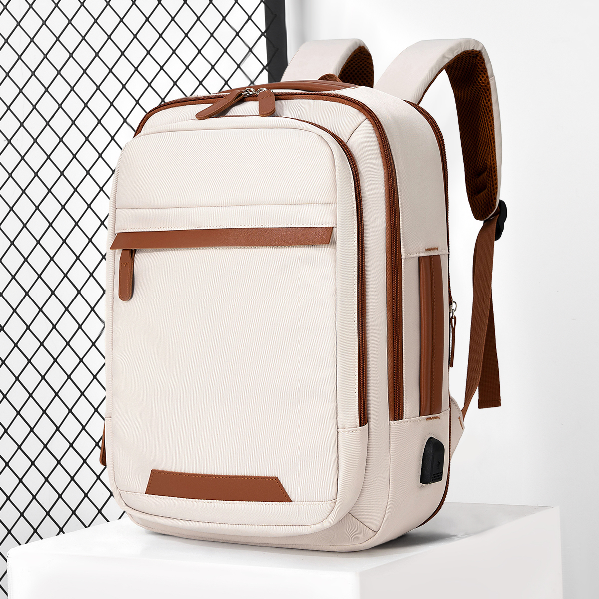 High USB Rechargeable Backpack Men's Waterproof Bag Large Laptop Backpack Unisex School Bag Youth Backpack: Beige