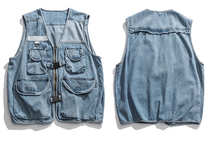 EFUNGAL Denim Jean Vest Men Multiple Pockets Hip Hop Vests Zipper Streetwear Skateboard Sleeveless Winter Casual Jackets Coats: XL