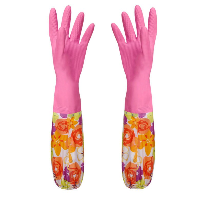 Reusable Rubber Latex Waterproof Dishwashing Gloves Long Cuff and Flock Lining Warm Household Cleaning Gloves Kitchen Tools: Rose Red