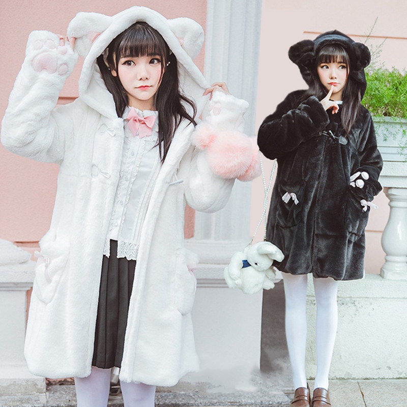 Abrigo de felpa estilo universitario japonés de invierno de lolita dulce, grueso, lindo, con botones de cuerno de gato, abrigo mediano largo, abrigo de chica kawaii loli