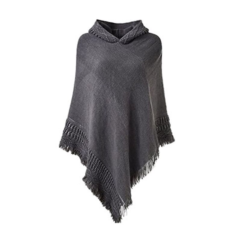 Femmes hiver tricot à capuche Poncho Cape Crochet frangé gland châle Wrap pull M89E: Gris