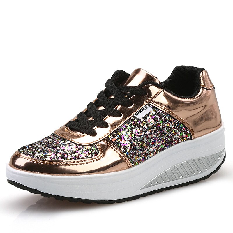 Pu glitter kvinder toning sko skinner vægt tabe swing sko tykke såler højde stigende kvinder sneakers: Guld / 5