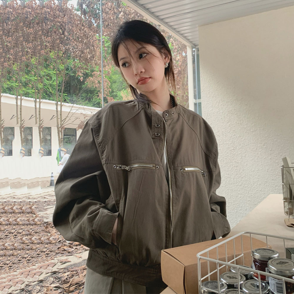Jahrgang Bomber Jacke Frau Herbst Wind dicht Reiß verschluss bis schicke Mantel Spitzen Knopf Kragen lässig verlieren Langarm Oberbekleidung weiblich