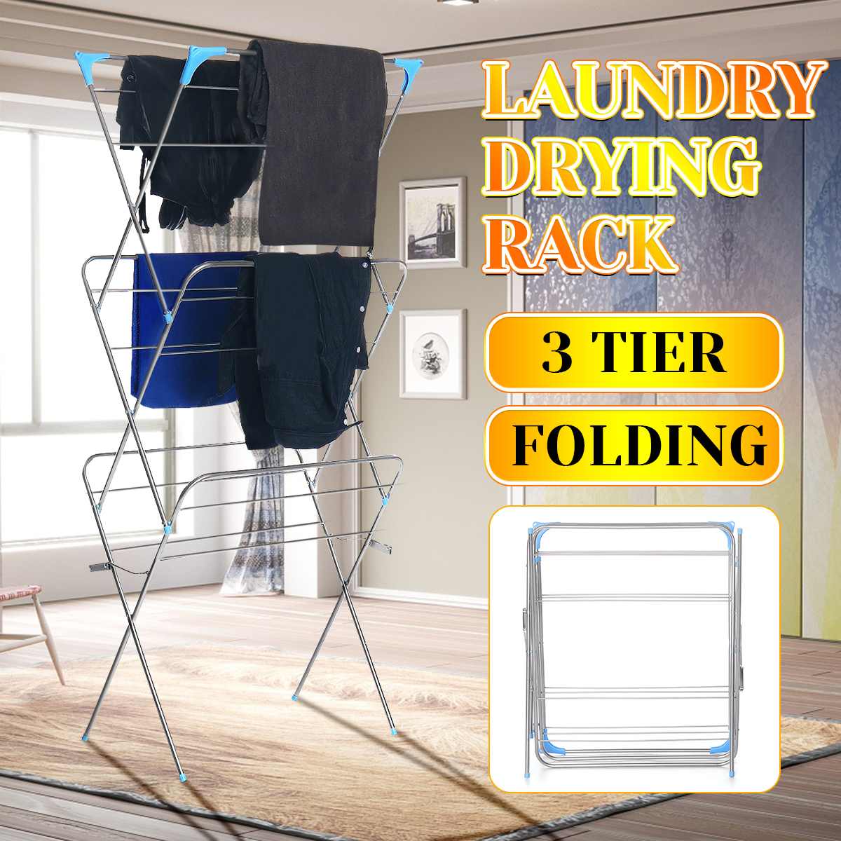3 Layers Floor-Standing Clothes Drying Rack Hangers Foldable Clothes Airer Iron Durable Clothes Drying Airer Rack Home Decor