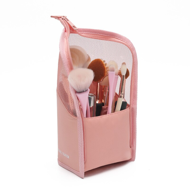 Purdored kosmetiktaske med 1 pc stativer til kvinder gennemsigtig lynlås makeuptaske rejse kvindelige makeup børsteholder organizer toilettaske: Lyserød