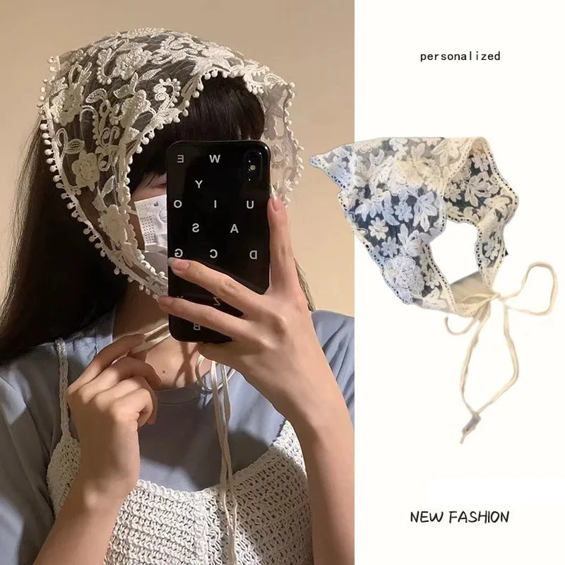 Blanc tissé dentelle florale cheveux écharpe enveloppes femmes rétro Triangle foulard chapeau voyage dentelle cheveux écharpe bandeau cheveux accessoires