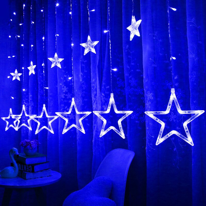 220V EU Plug LED Star Christmas Curtains lights Indoor/Outdoor Garland string fairy Lamp For Wedding Party Decoration: Style1 Blue / 110V-US Plug