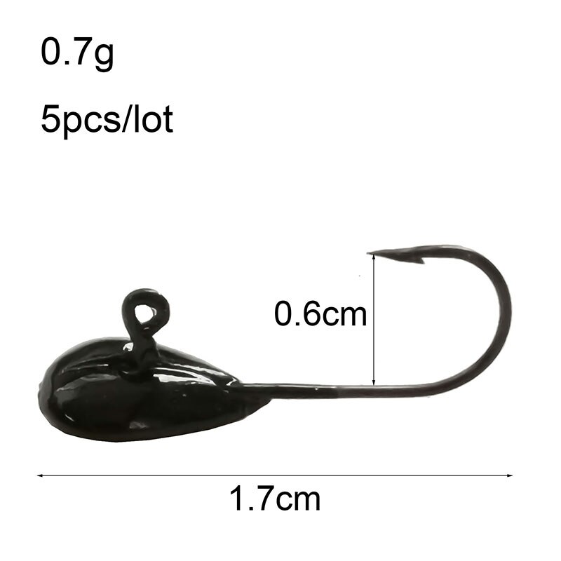 5 Pcs/Lot Mini tête de gabarit de plomb exposée 0.5g 0.7g 1.1g crochet barbelé leurre souple hameçon crochet de pêche sur glace hiver matériel de pêche: 0.7g-black