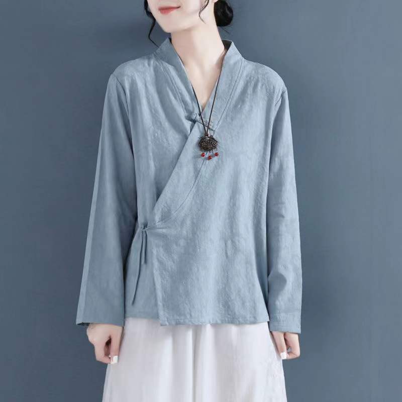 Qipao Retro de estilo chino tradicional para mujer, Tops informales de algodón y lino, cárdigan Hanfu Zen Tea, Kung Fu, Tai Chi, ropa Oriental: blue / XL