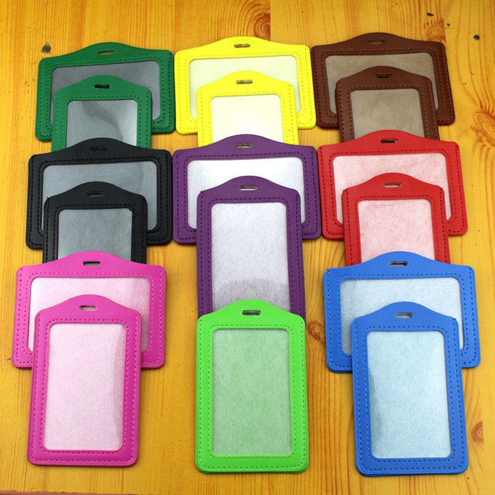 1Pcs PU Leather Candy Colors Pocket ID Card Pass Badge Holders Case with Neck Strap Lanyard School Office Supplies Student Card