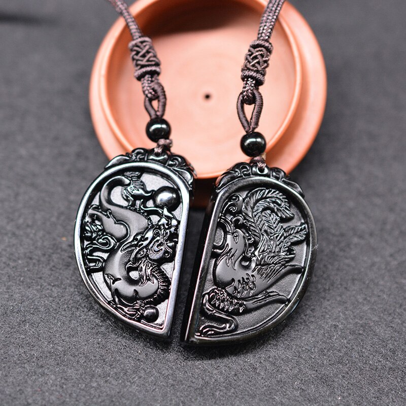 2Pcs Obsidiaan Carving Taichi Draak En Phoenix Hanger Ketting Voor Vrouwen Mannen Retro Lucky Amulet Paar Statement Sieraden