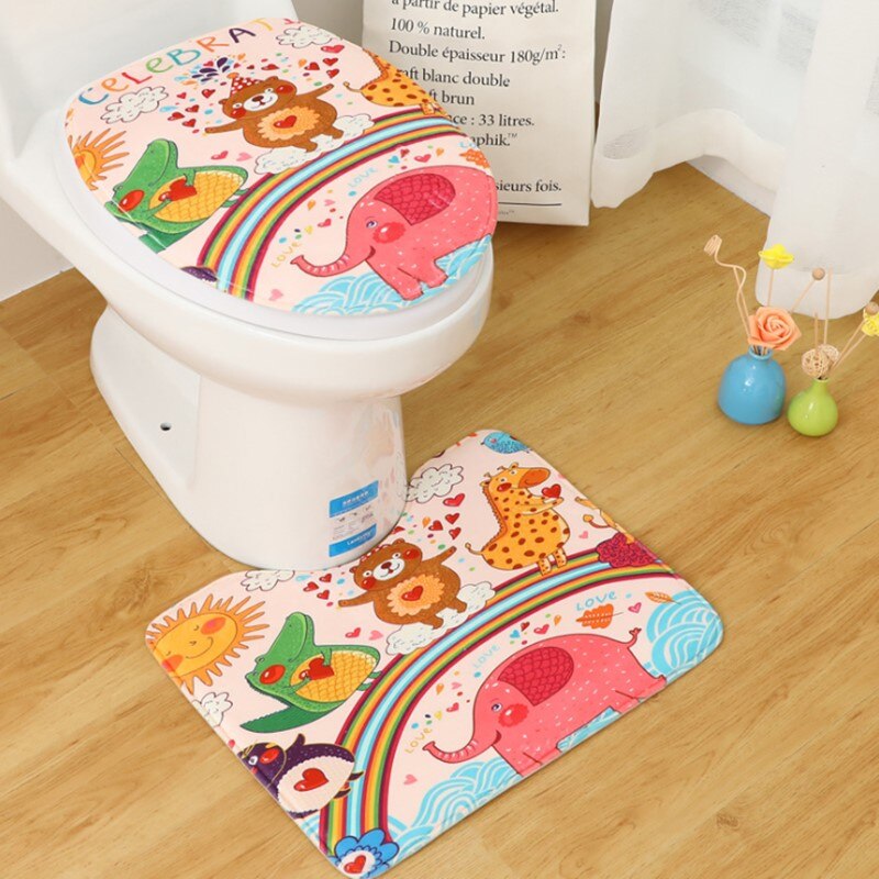 2 unids/set estilo de dibujos animados inodoro cubierta en forma de U-Mat de asiento de inodoro lavadora alfombra: Zoo