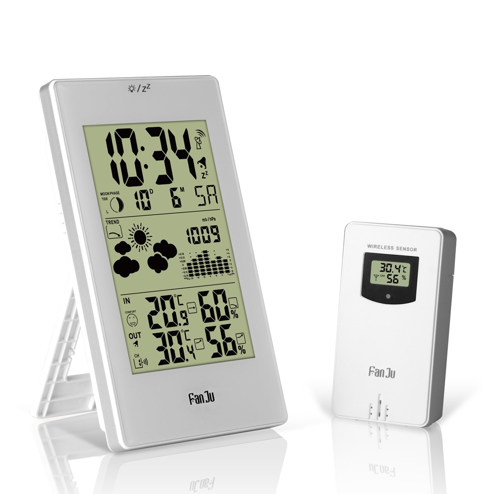 FanJu-Station météo avec baromètre, humidité, capteur d'extérieur, alarme et alarme, alarme, alarme, alarme, alarme, horloge numérique, FJ3352