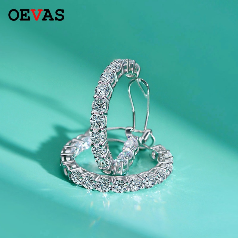 OEVAS Luxury 100% 925 Sterling Silver Created Moissanite Gemstone Hoop Earrings Wedding Engagement Fine Jewelry