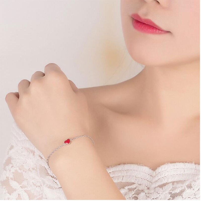 Anenjery Lucky Dubbelzijdig Rood Hart Zilver Kleur Armband Voor Vrouwen Simple Mode Sieraden S-B130