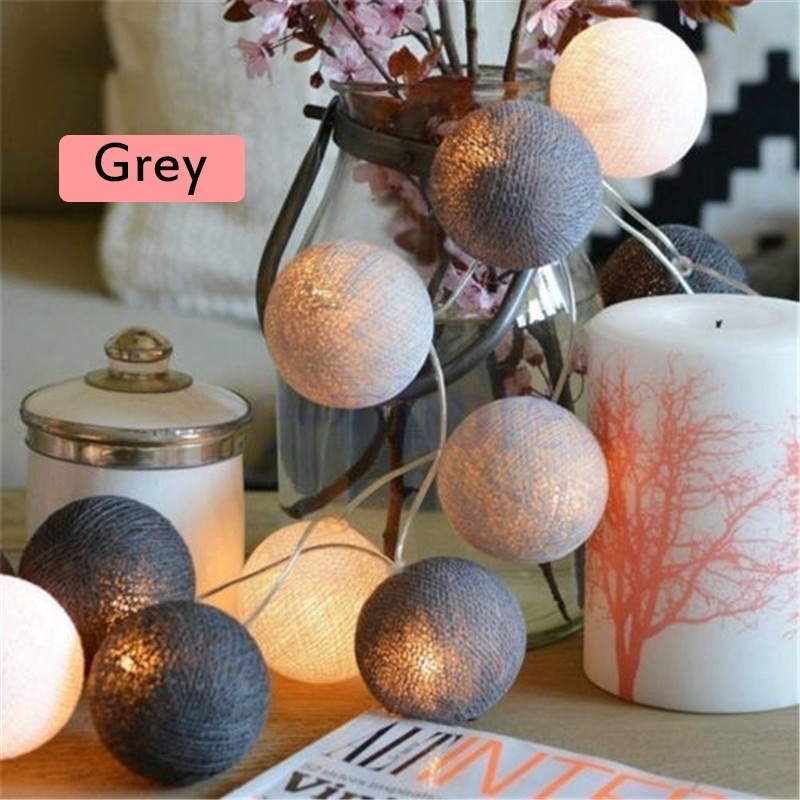 20 led bomuldskugle string lys batteridrevne farverige guirlande fe lys til hjemmet bryllup julefest udendørs dekorationer: Grå