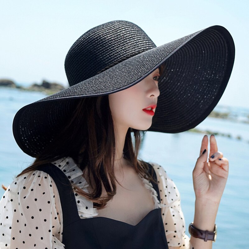 HT3074 Grote Grote Brede Rand Hoed Vrouwen Solid Zomer Zonnehoed Dames Packable Floppy Strooien Hoed Vrouwen Strand Cap Vrouwelijke koepel Strand Hoed: Black