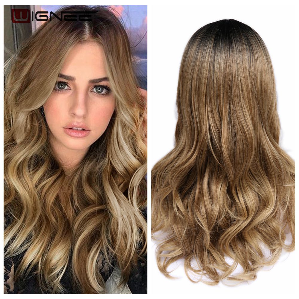 Wignee Long Wavy Synthetic Wig Lace front For Women Heat Resistant Long Hair Wig Middle Part Natural Ombre Ash Blonde Hair Wigs