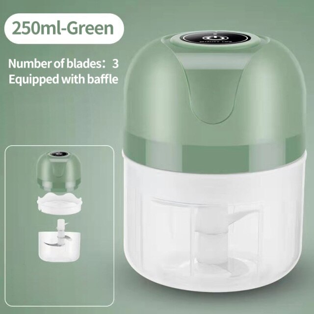 Electric Food Masher Mini Vegetable Chopper Chili Meat Ginger Masher USB Rechargeable Blender Kitchen Gadgets: Green 250ML