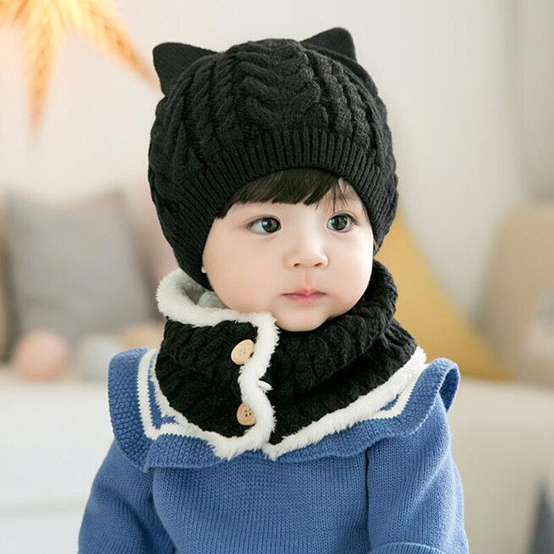 2Pcs Baby Hat Scarf Set Warm Knitted Baby Winter Hat Cap Bonnet Kids Hat Boy Girl Caps Boys Girls Crochet Beanie Autumn: black
