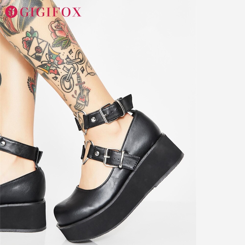 Zapatos planos Mary Janes para mujer, zapatillas femeninas de estilo gótico, con plataforma decorativa en forma de corazón rosa y negro, talla grande 43,