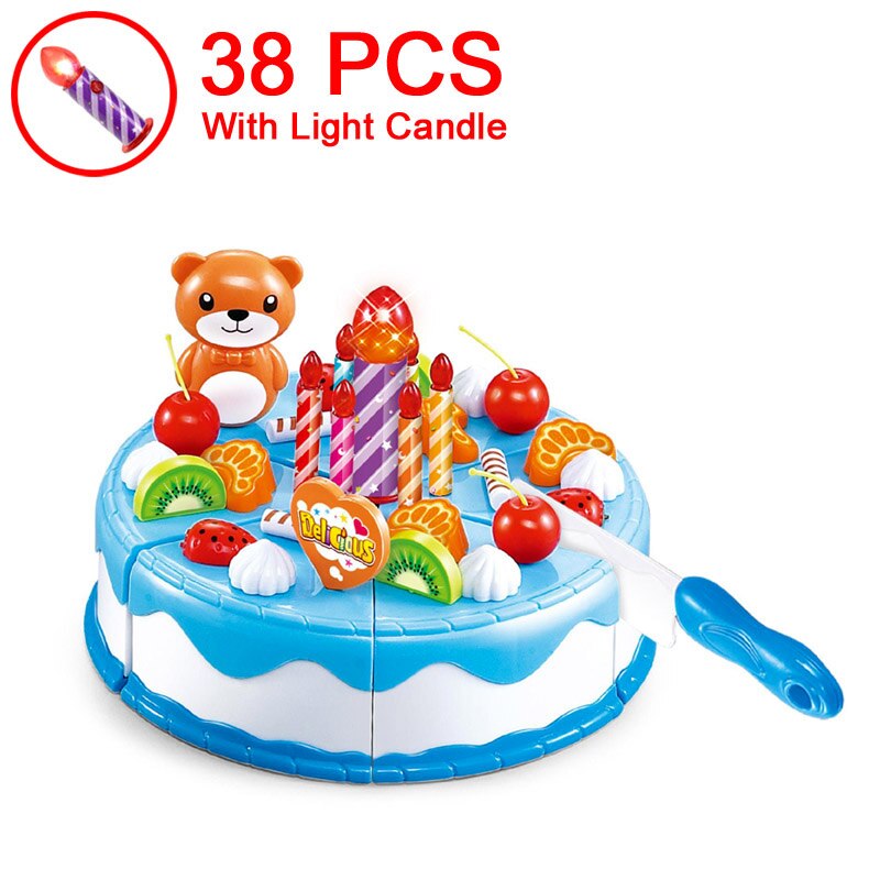 37-80PCS DIY Fruit Cutting Pretend Play Birthday Cake Girls Kitchen Food Toys Cocina De Juguete Pink Blue Toy For Children: 38 Blue With Candle