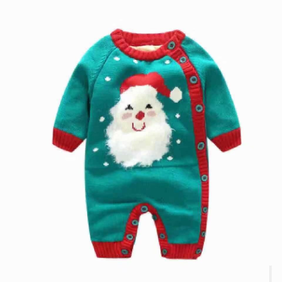 Babykleding in winterstijl, geborsteld en dik, superzacht, van katoendraad, gemaakt van een stuk, in een rompertje, gemaakt van een mannelijk en vrouwelijk model, om te kruipen: Groene kerstman