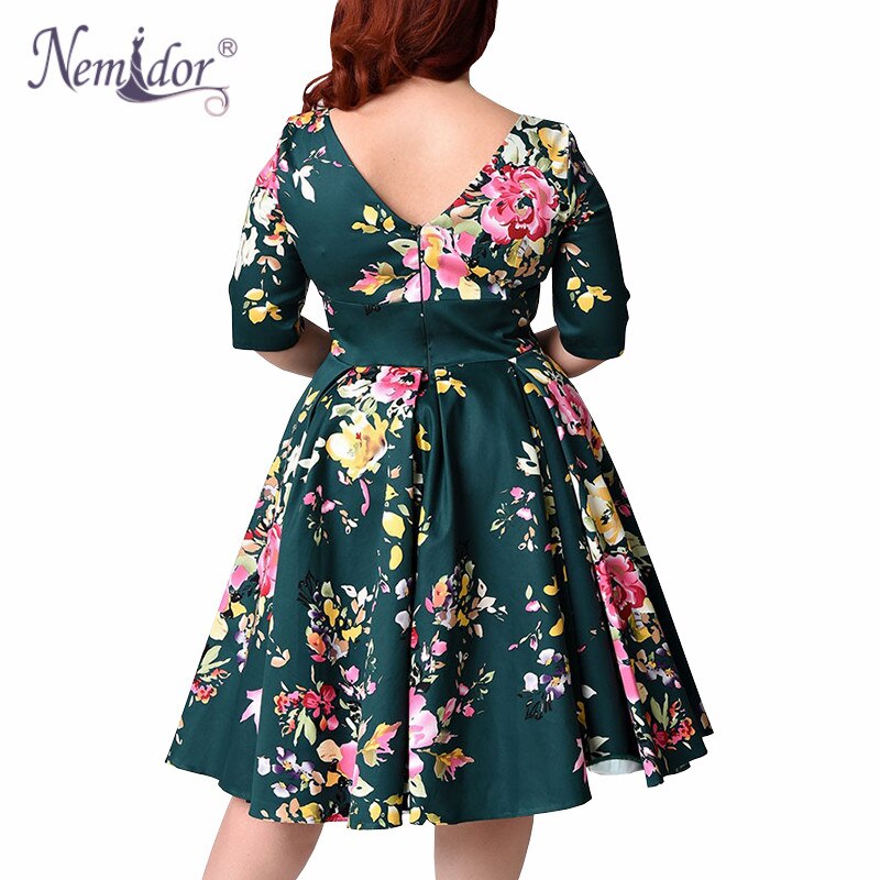Nemidor kvinder 1950s vintage halværmer plus størrelse 8xl 9xl print a-line kjole sexet v-lav ryg fest midi swing kjole