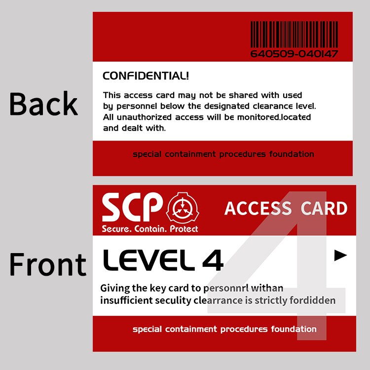 SCP Special Containment Procedures Foundation Secret Grade Access Card Mobile Task Forces Level Card Double Hard PVC Card: 4
