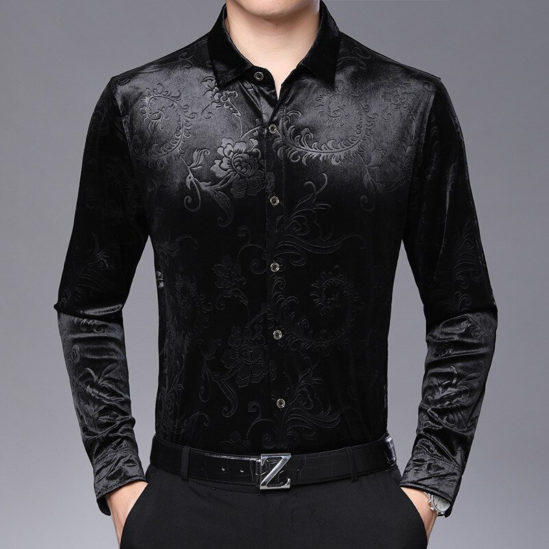 Herren Luxus Samt Blumen- Kleid Hemden schlank passen Langarm Velours Hemd Männer lässig Hemd Männlichen oben Hemd: Schwarz / asiatisch Größe L