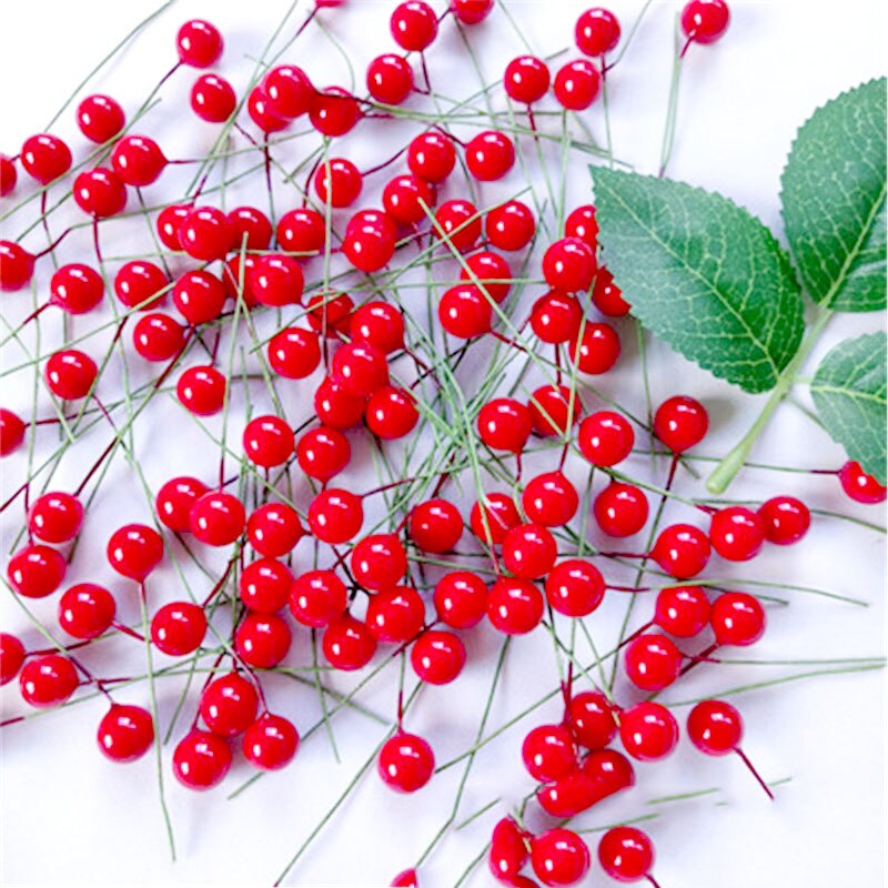 50Pcs Mini Kerst Bessen Plastic Kunstmatige Bloem Rode Kers Parelmoer Bruiloft Kerst Diy Decoratie