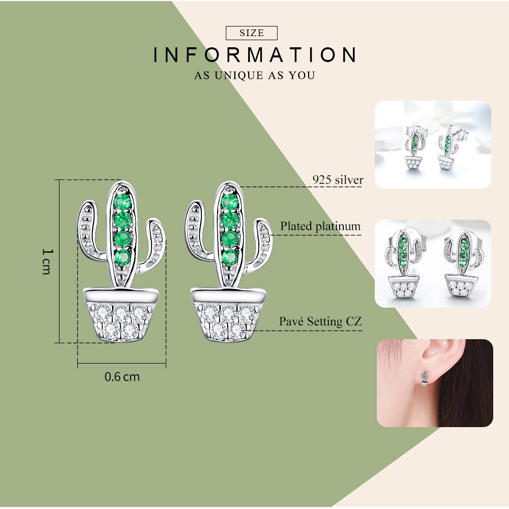 Bamoer echte 925 sterling zilveren groene cactus plant oorbellen voor vrouwen heldere kubieke zirkonia sieraden sce 522