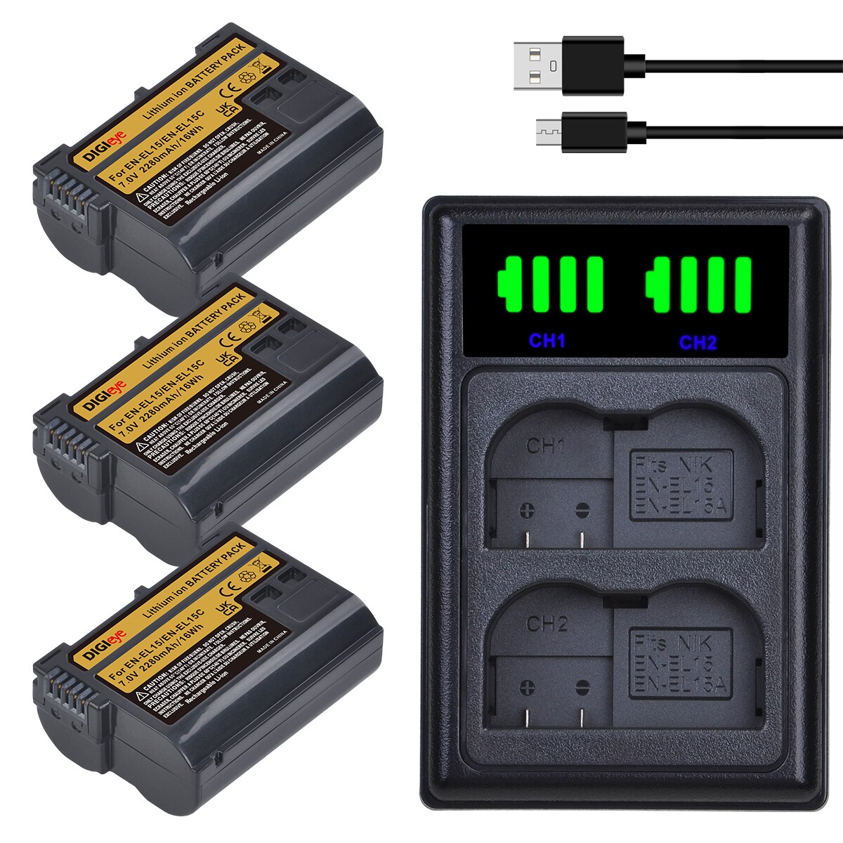 EN-EL15 EN EL15C Battery + Charger for Nikon D500, D610, D750, D800, D810, D850, D7000, D7100, D7500, Z5, Z6, Z6II, Z7, Z7II: 3 battery 1 charger