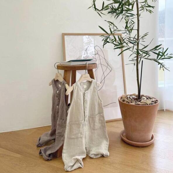 Mono japonés de verano para niños, ropa de algodón y lino con bolsillos y hebilla de una pieza, informal, a la ,