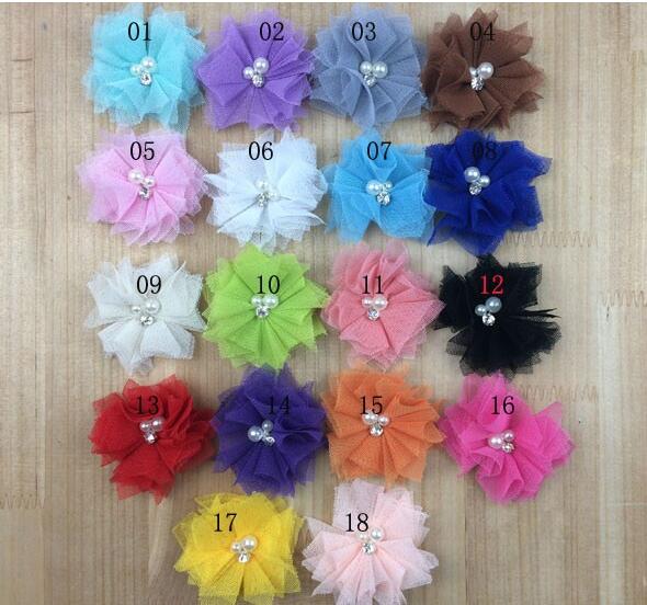 10 stks/partij 2.5 ''Mini Tulle Mesh Bloemen Met Strass Pearl Center Poof Bloemen Hoofdband Haar Accessoires: mix color