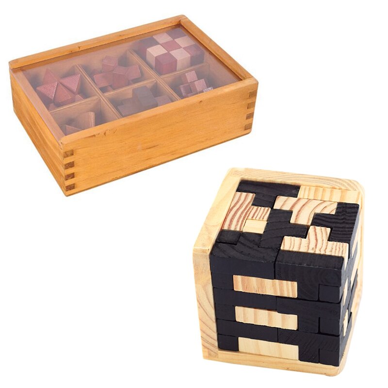 1pcs 3D Wooden Puzzles 54 T-Shaped Blocks Geometric & 6PCS Wooden Puzzle IQ Brain Teaser Burr Interlocking Puzzles