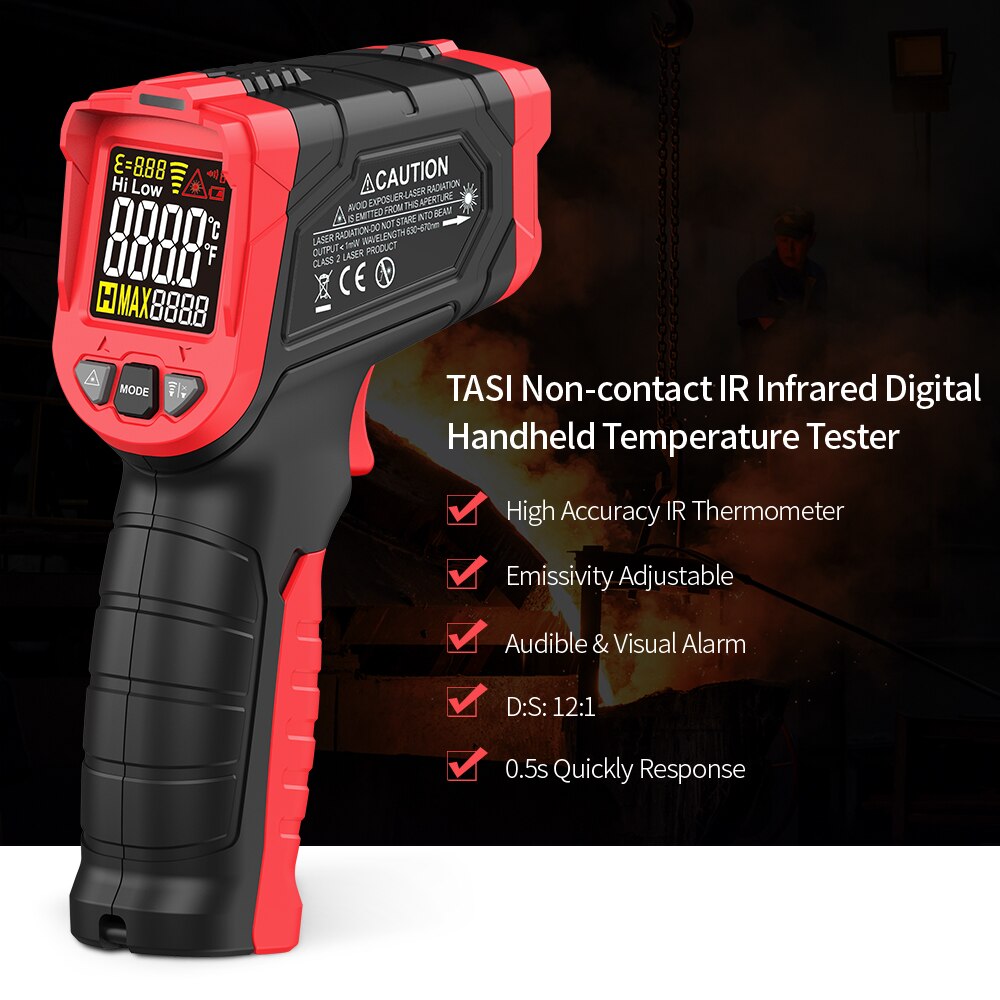TASI Non-contact IR Infrared Thermometer Digital Temperature Tester 12:1 Pyrometer Color LCD Display with Backlight -50~880℃