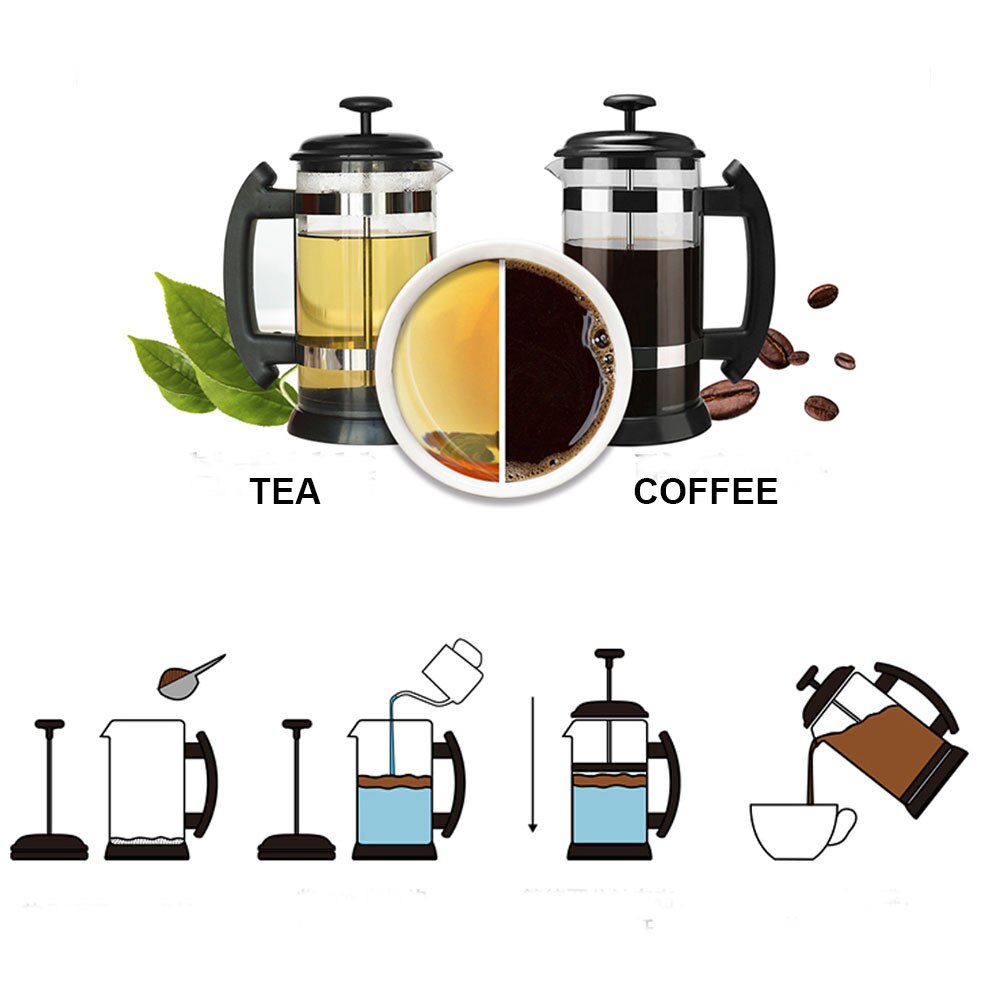 Fransk media kaffekanna vattenkokare 1000ml glastermos i rostfritt stål som används som kaffedryck, transparent och värmeisolerande