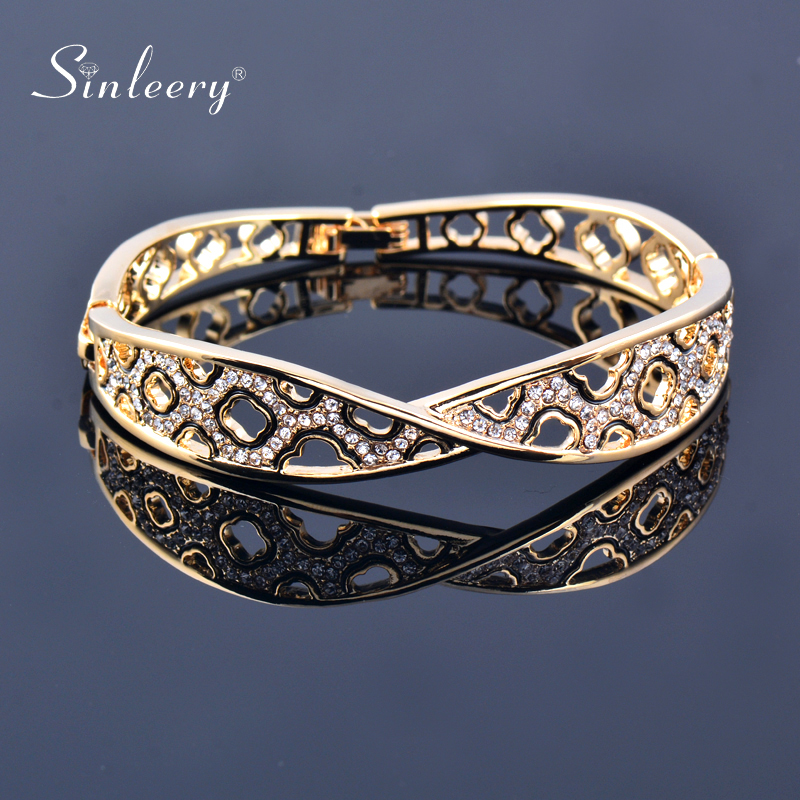 SINLEERY Luxury Hollow Flower Bangles For Women Rose Gold Silver Color Crystal Bracelets Best Friends SL092 SSI