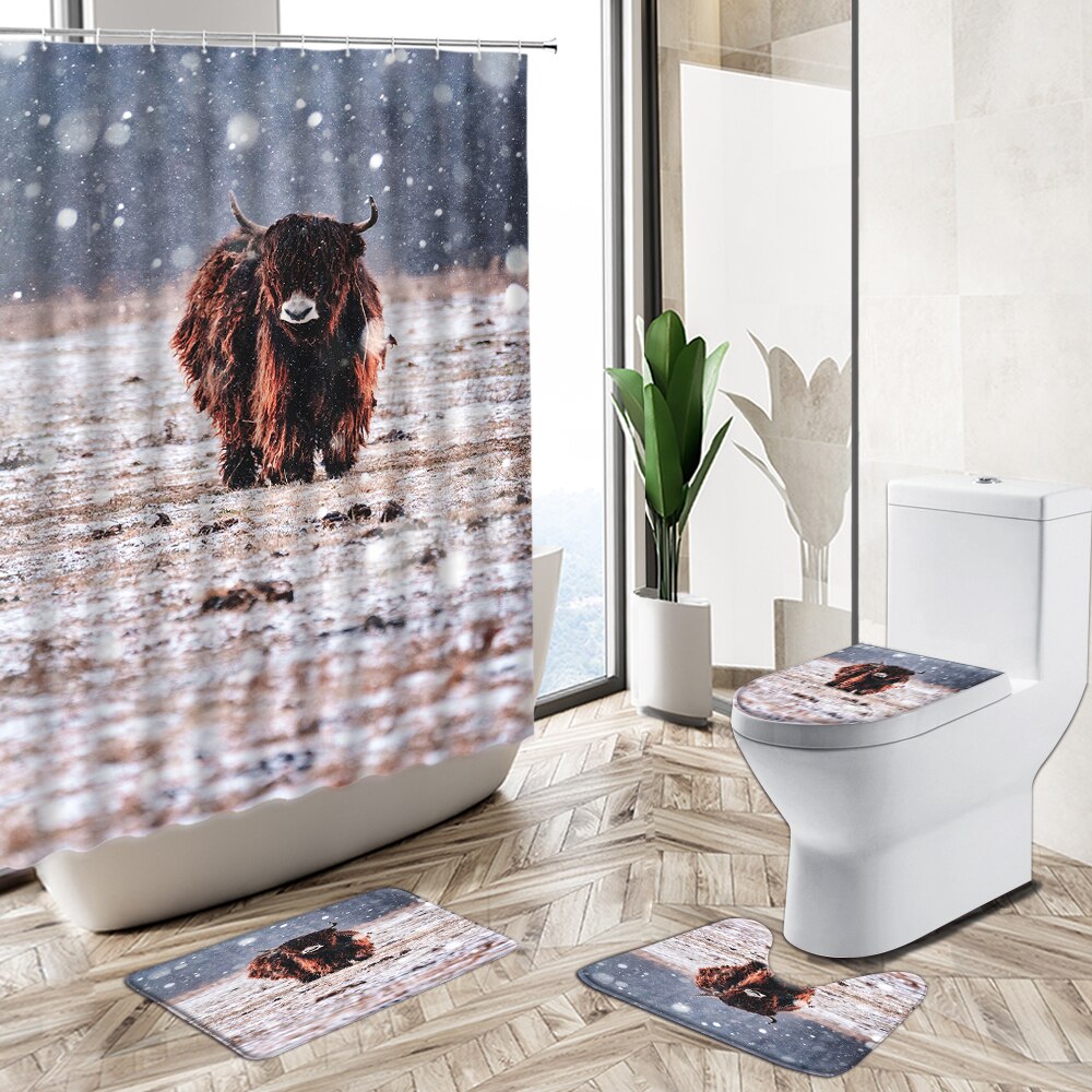 Tende da doccia per bovini dell&#39;altopiano Set da bagno per animali selvatici neve invernale scenario naturale tappeto antiscivolo per la casa tappetino per wc