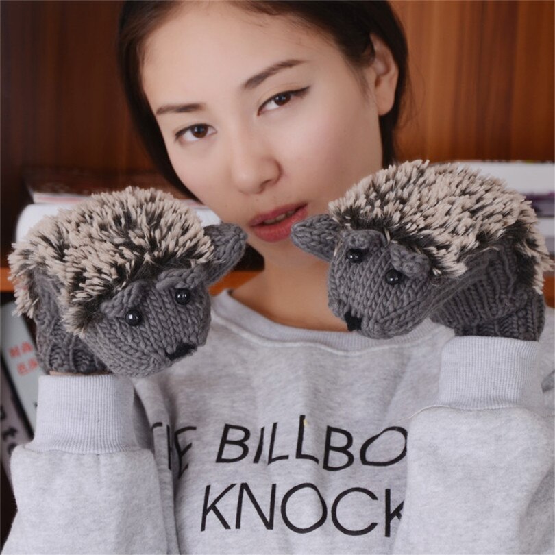 Winter Gloves for Women Girls Novelty Cartoon Knit Thick Mittens Warm Fitness Gloves Hedgehog Ski Heated Wrist Mittens: G014 Dark grey