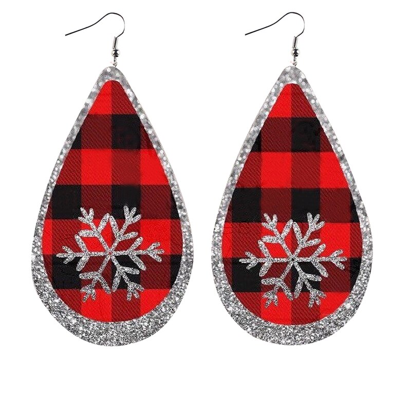 Hohl Teardrop Weihnachten Baum Buffalo Plaid Faux Leder Ohrringe Glitter Layered Schneemann Deer Blatt Ohrringe Weihnachten Neue