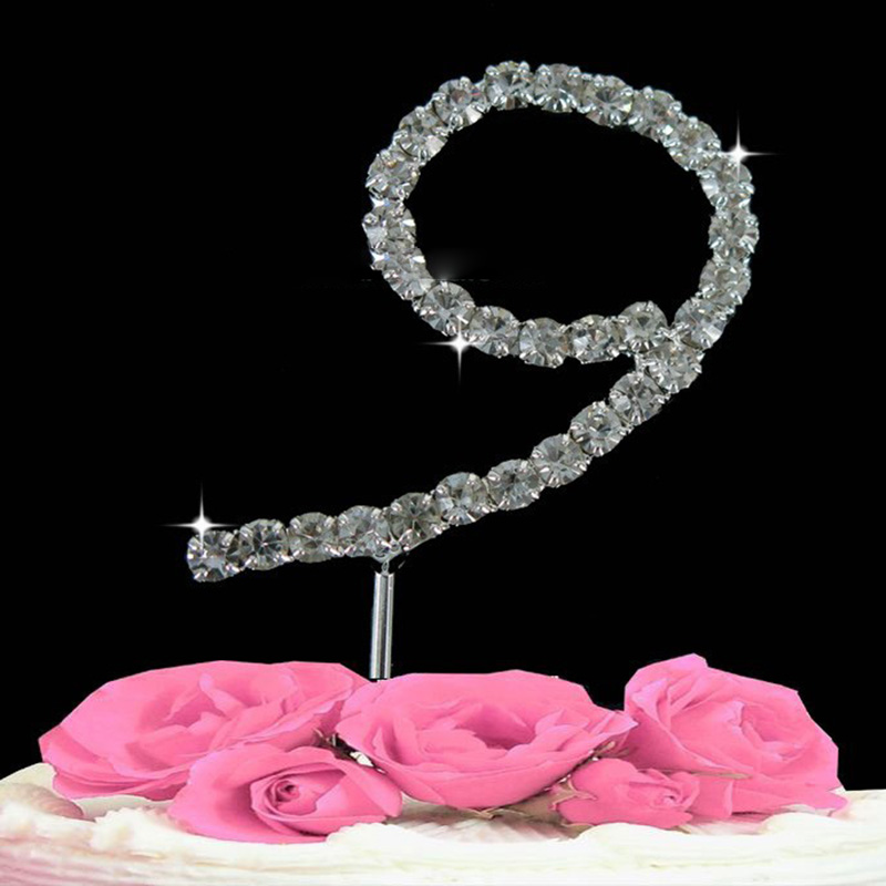 Nubmer 0 ~ 9 Verjaardag Cake Topper Rhinestone Crystal Diamond Flash Huwelijk Anniversary Silver